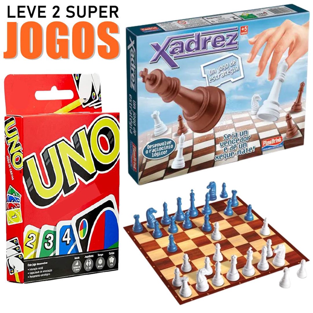 Leve Um Kit C/ 2 Super Jogos 1 UNO + 1 Jogo Completo Tabuleiro de Xadrez  Para Jogar Toda Família
