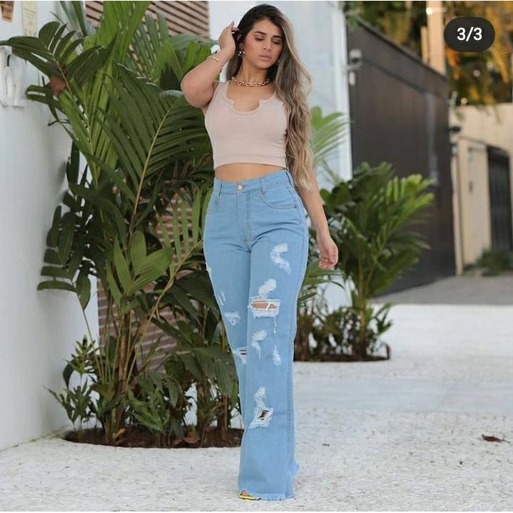 Calça jeans pantalona cintura hot sale alta