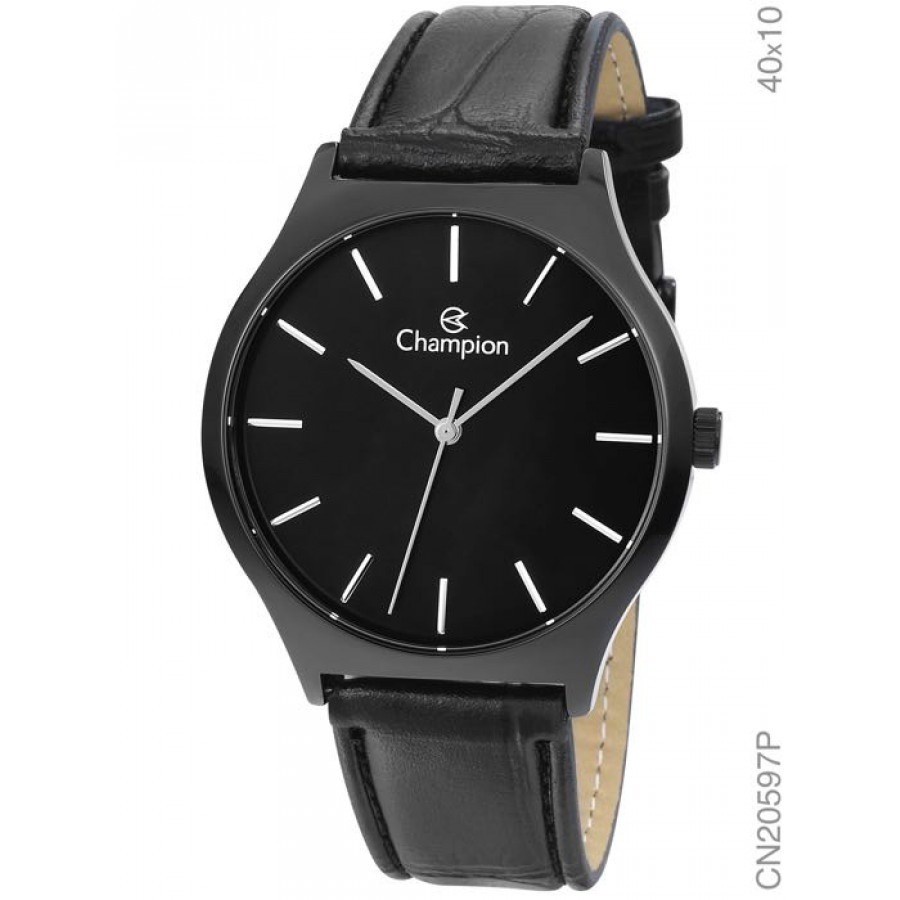 Relogio Champion Preto Couro Masculino Cn20597p