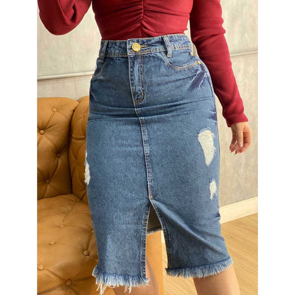 Saia jeans hot sale midi fenda