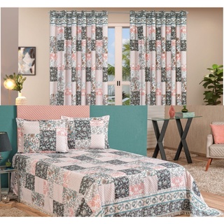 Kit Cobre Leito Colcha Bia Bela Cama Casal 3 Pcs + Cortina