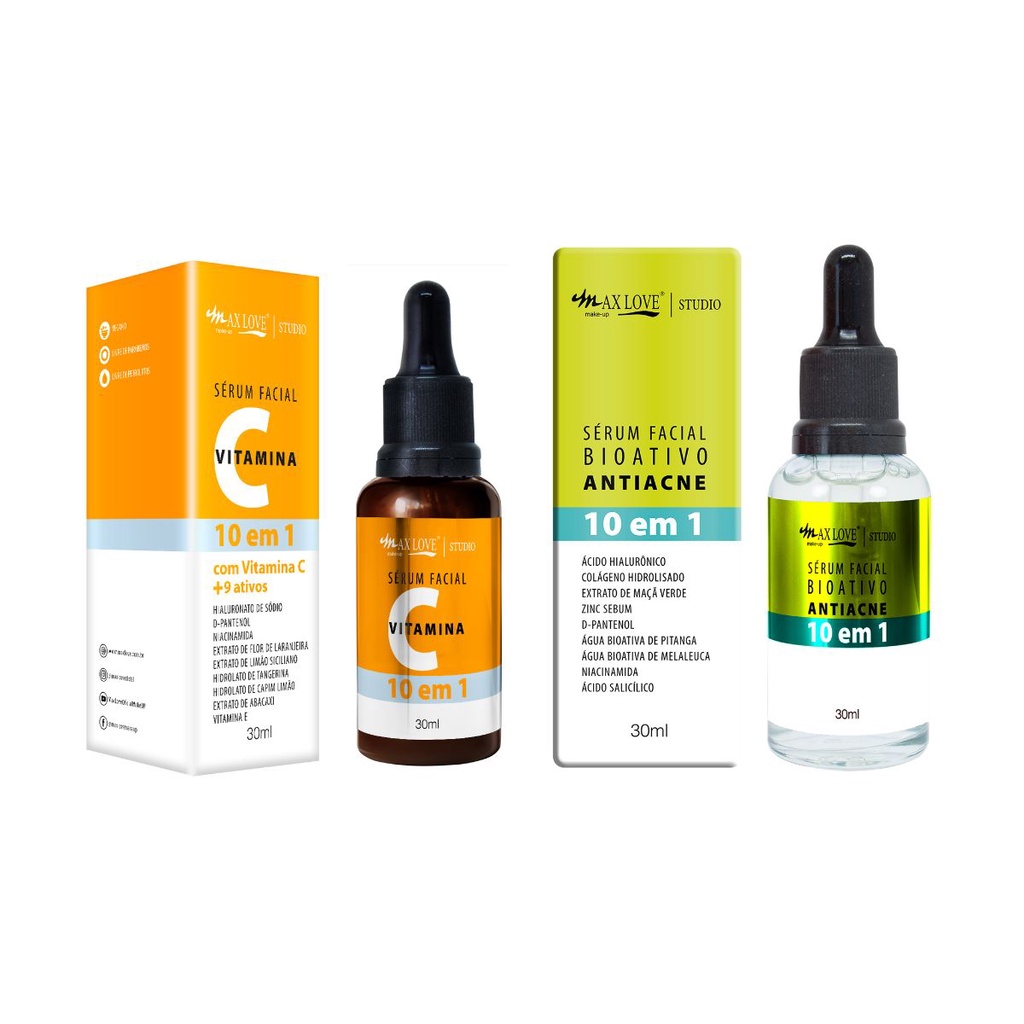 Kit 2 Sérum Max Love Vitamina C 10 em 1 + Antiacne Bioativo Lançamento 30ml