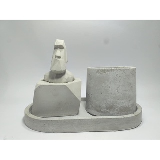 Decoração Moai Ilha de pascoa para escritório + Vaso Redondo Suculentas Doble + Base Super MALEOGA