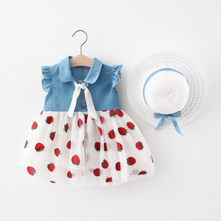 2023 Summer New Girl Denim Dress Flying Sleeve Ribbon Cute Strawberry Bordado Em Rede Gauze Saia De Gaze Para Crianças Festa De Aniversário Adequada Bebês De 9 Meses-3 Anos