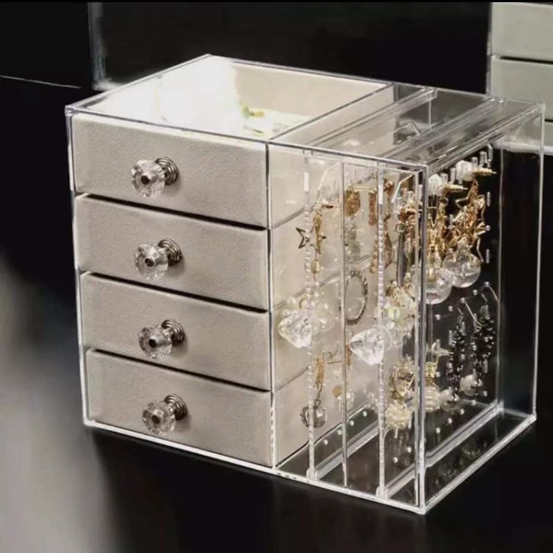 Caixa porta joias com 4 gavetas de acrílico e porta brincos