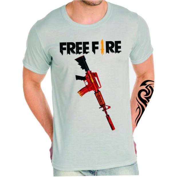 camiseta free fire simbolo do mestre na cor cinza mescla estampada.