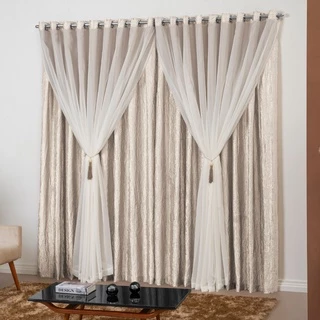 Cortina Sala/Quarto Voil Abraçadeira Pingentes Varão 3,00x2,50 Janela Decoração Cetim Champagne