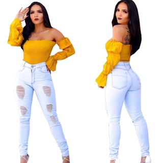 Calça Feminina Jeans Mom Moda Rasgos Luxo Cintura Alta