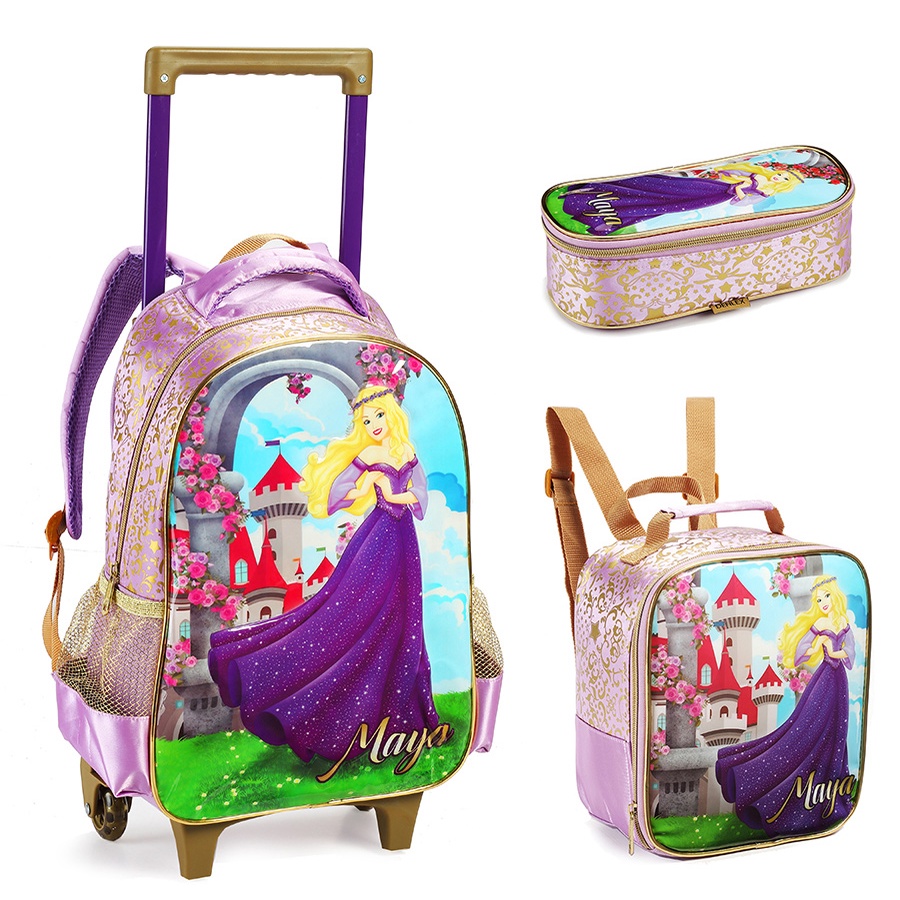 Conjunto Mochila Escolar Com Rodinhas Kit Feminina Princesa Maya