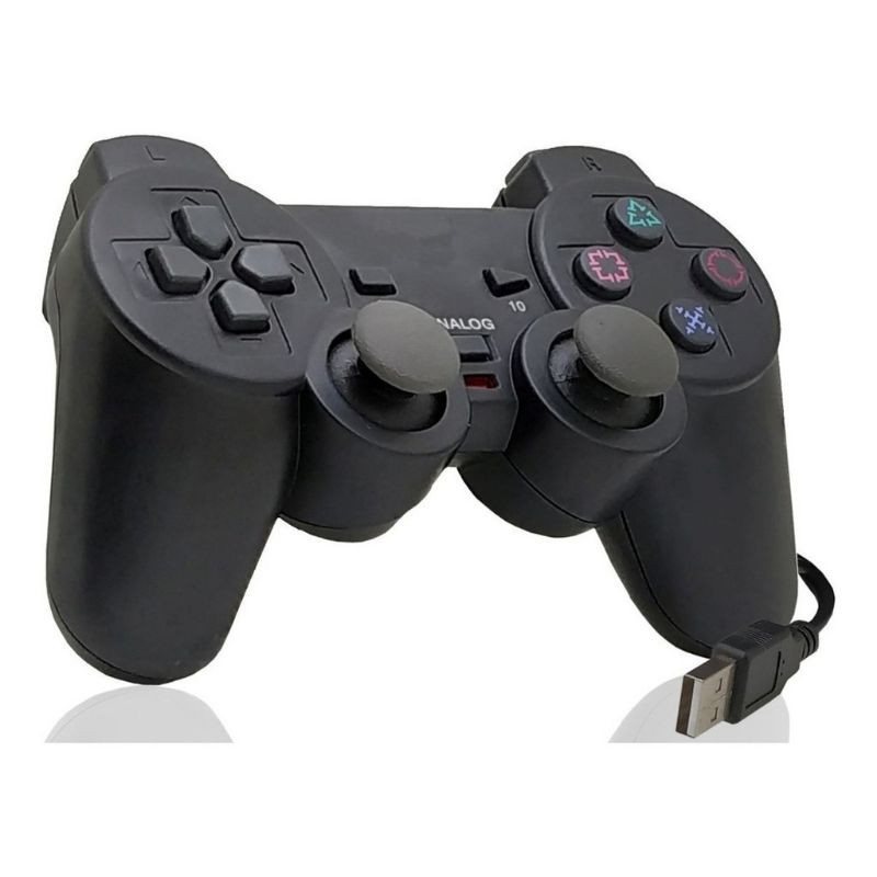 Controle Compatível Com PlayStation 2 Com Fio Para Video Game Com Vibração  E Conexão USB Analógico Compatível Com Computador Preto LINHA PREMIUM DUPIN