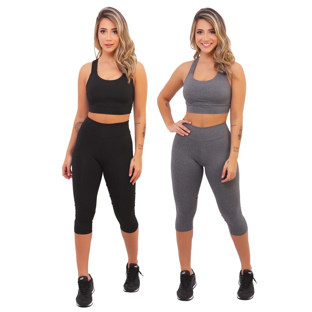 Kit 2 Conjuntos Calça Legging Corsário Capri e Top Roupas Fitness Femininas  Para Academia A07