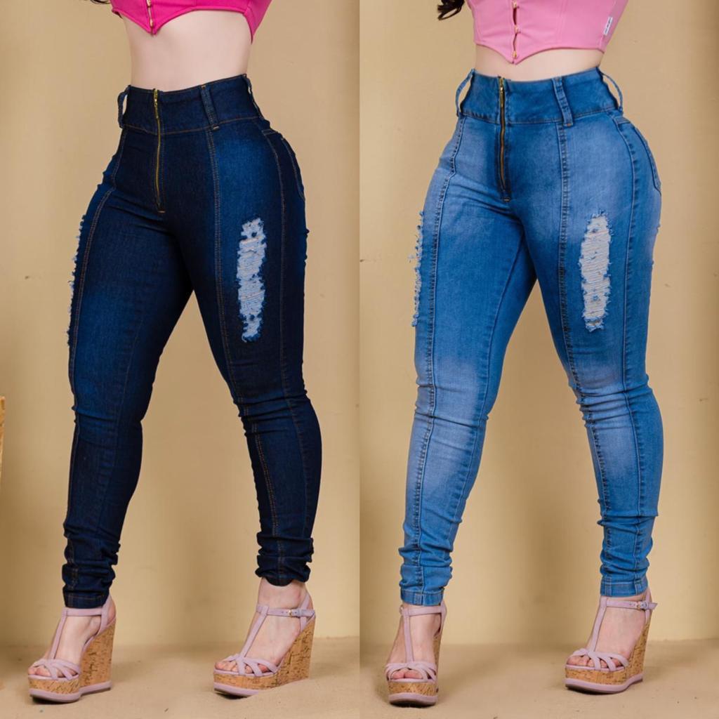 Calça Jeans Feminina Skinny com Lycra Cós Alto Cintura Alta