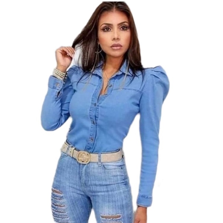 Blusa jeans de store manga comprida feminina