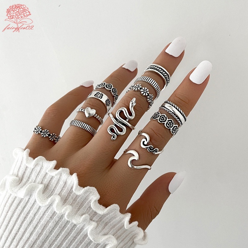 13 unidades / conjunto Conjunto de anéis ondulados de flores de cobra prateada vintage para joias femininas