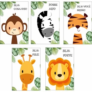 KIT 5 Placas Decoração Quarto Infantil Safári Floresta Bbay