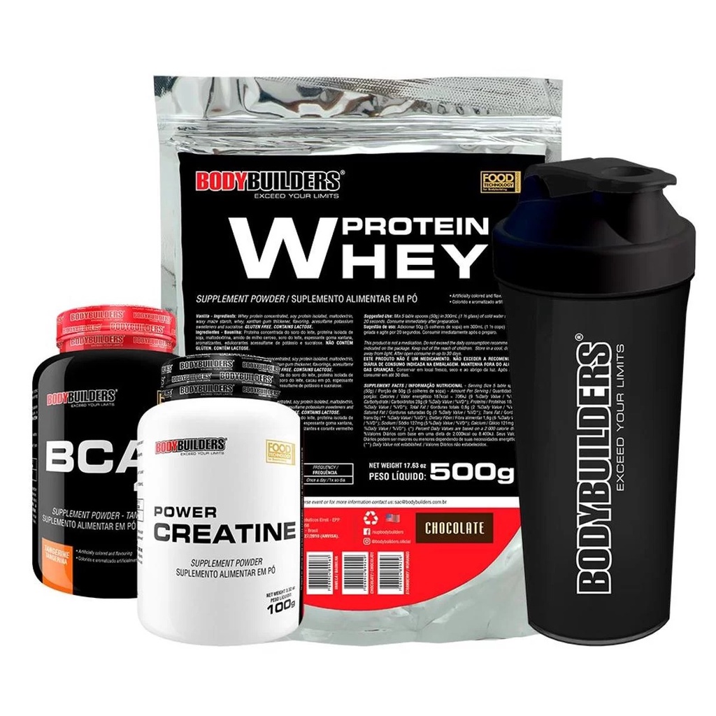 Kit Whey Protein 500g Morango + BCAA 4.5 100g + 100% Creatine 100g + Coqueteleira – Bodybuilders