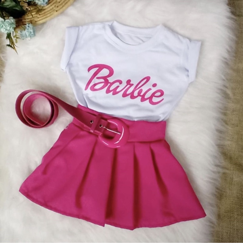 Conjunto Infantil Menina Blogueirinha Barbie Saia Rosa De Luxo