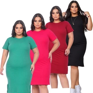 Mix 4 Vestido Feminino Plus Size Gordinha Tendência Canelado Básico Tubinho