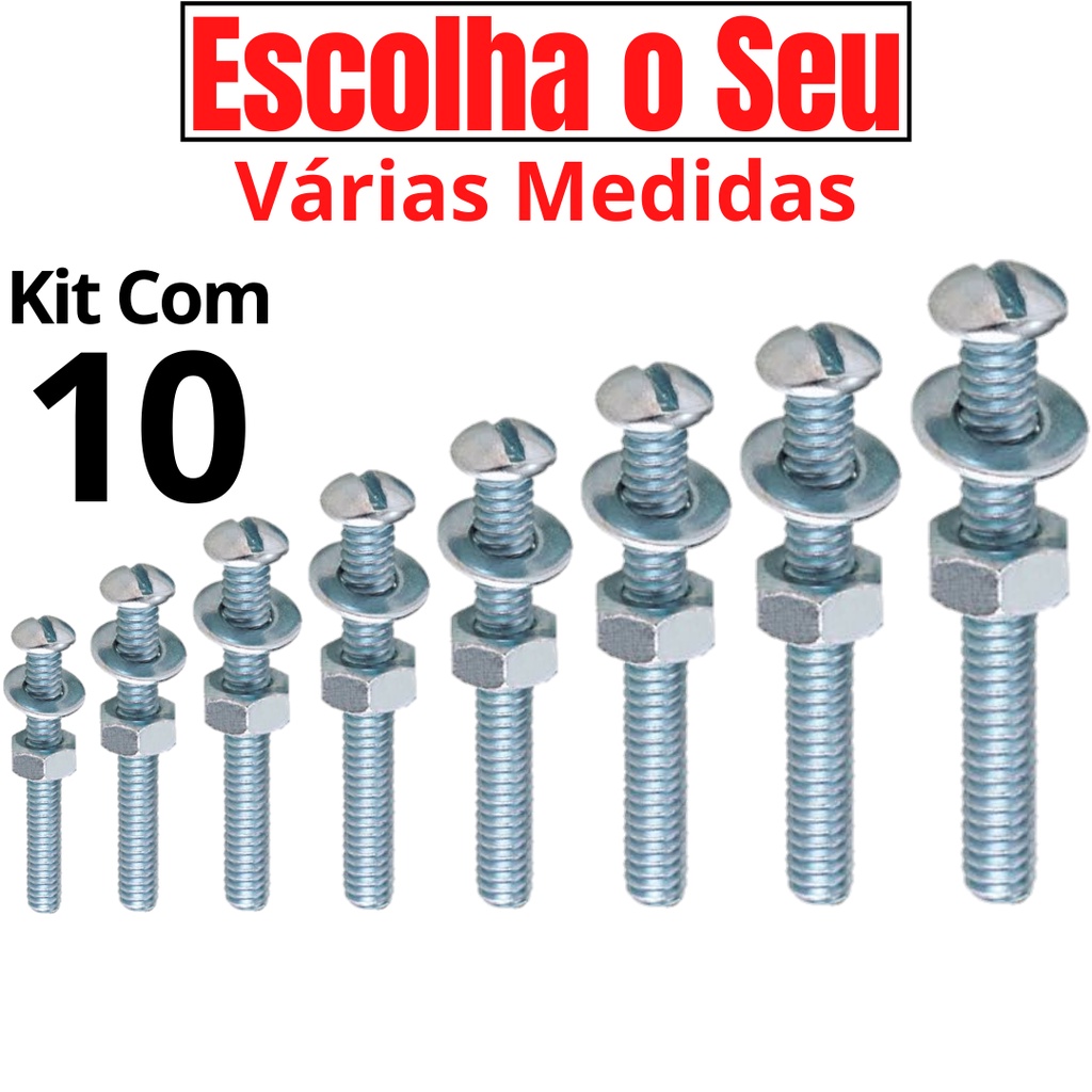 10 Parafuso com Porca e Arruela Vários Tamanhos com Cabeça Fenda Kit Parafuso 1/8 - 5/32 - 3/16 - 1/4 Rosca de Máquina Porca Sextava