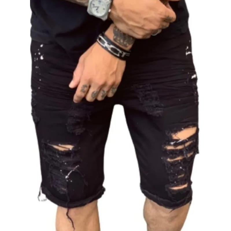 Bermuda jeans preta rasgada hot sale masculina