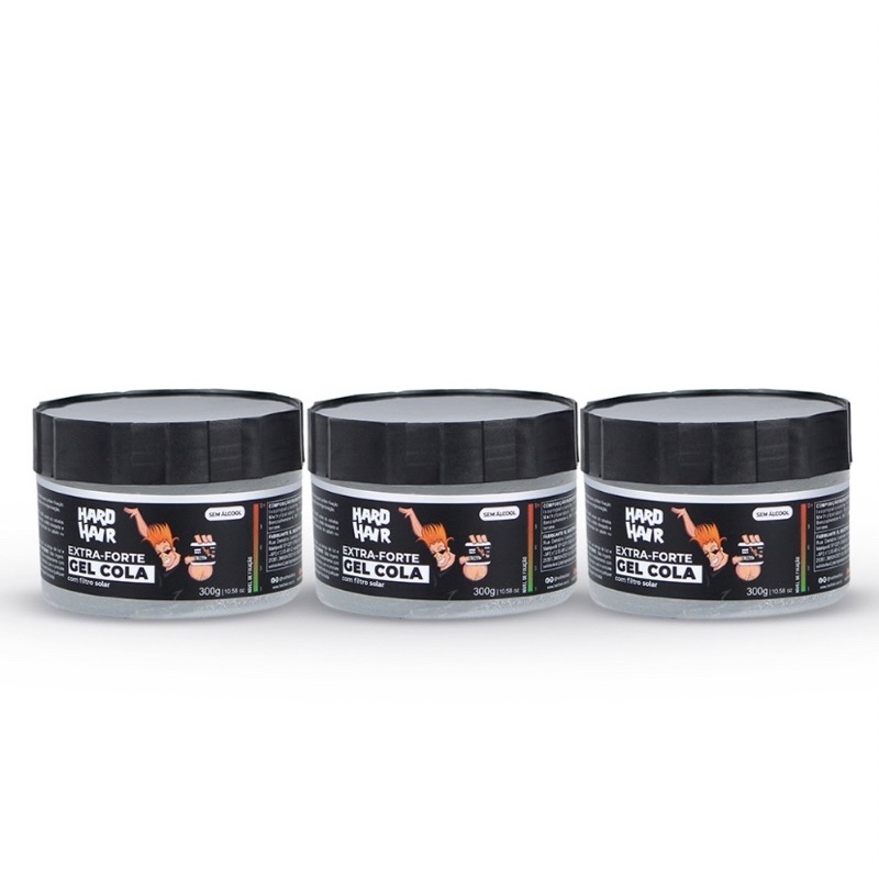 KIT 3 UNIDADES GEL COLA PARA CABELO HARD HAIR 300 gramas