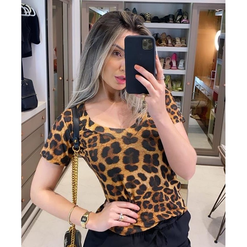 Blusa Animal Print Onça Malha Babado Na Manga Feminina