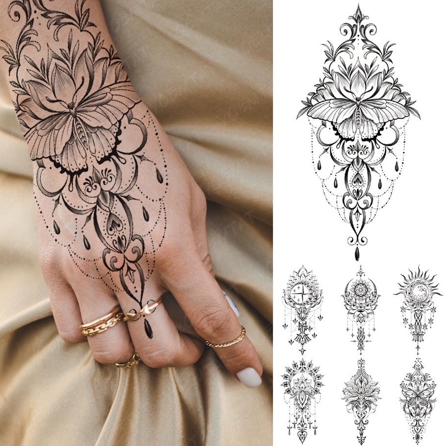 Impermeável Tatuagem Temporária Etiqueta Borboleta Lotus Lace Henna Flor  Flash Tatto Mulheres Homens Pintados À Mão Body Art Falso Tatuagens