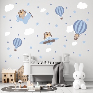 Adesivos de Parede Infantil Urso Aviador baloeiro azul claro decoração quarto bebe