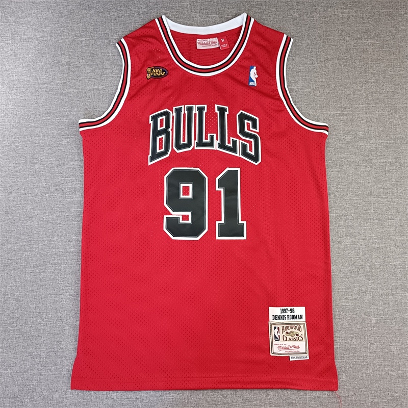 19997-98 Novo NBA Men's Chicago Bulls # 91 Dennis Rodman finals Logotipo Bordado De Basquetebol Camisetas Vintage Bordadas Vermelhas