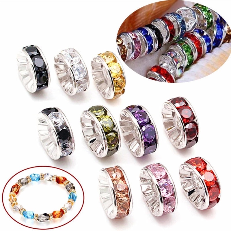 [100Pcs 6mm Metal Silver Plated Crystal Rhinestone Rondelle Spacer Beads Para Acessórios De Pulseiras