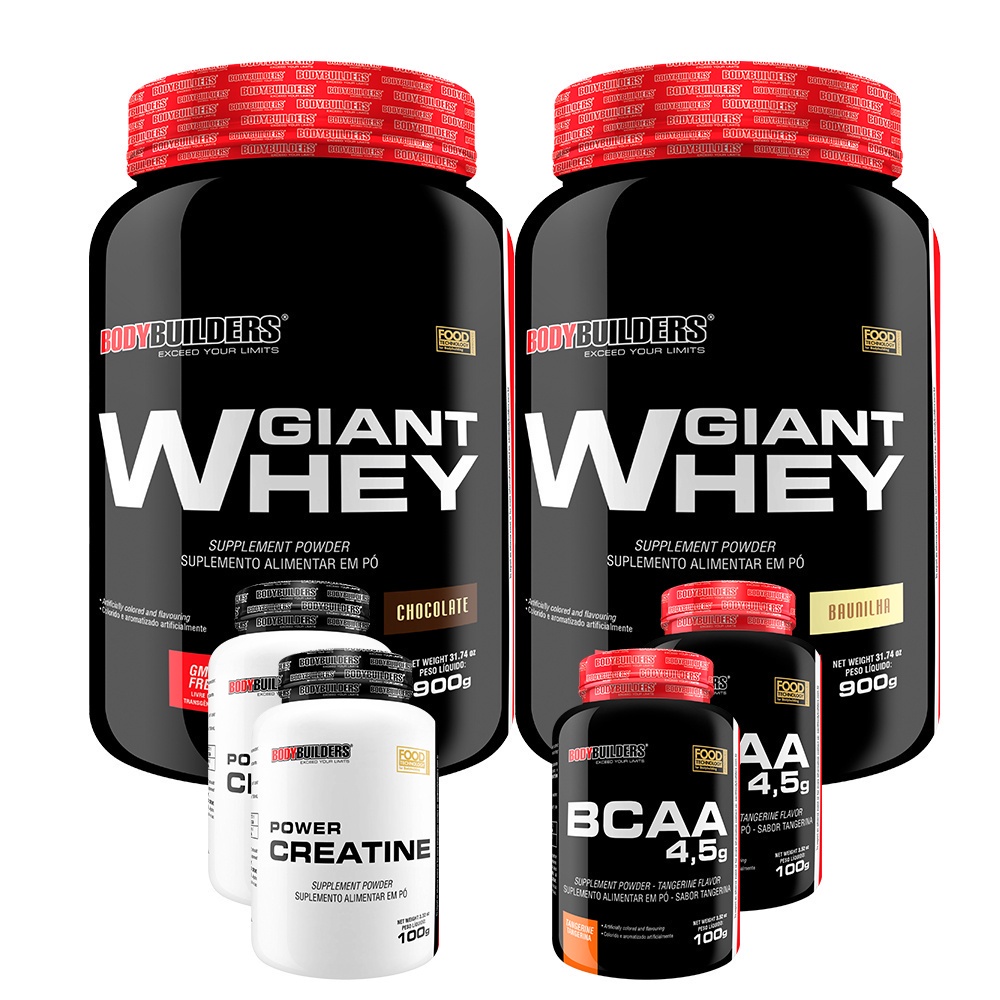 Kit 2x Whey Protein Giant Whey 900g + 2x BCAA 4,5 100g + 2x Power Creatina 100g – Suplementos em Pó para Turbinar o Treino de Musculação na Academia – Bodybuilders