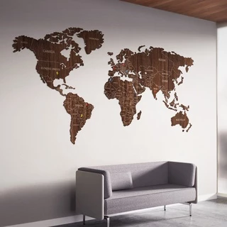 Mapa-múndi de madeira - Mapa de viagens - MDF 3mm, impressão UV - Acompanha PINS marcadores