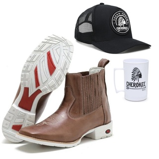 Kit Botina Masculina Bone Country e Caneca Bota Texana Bico Quadrado Sola Branca