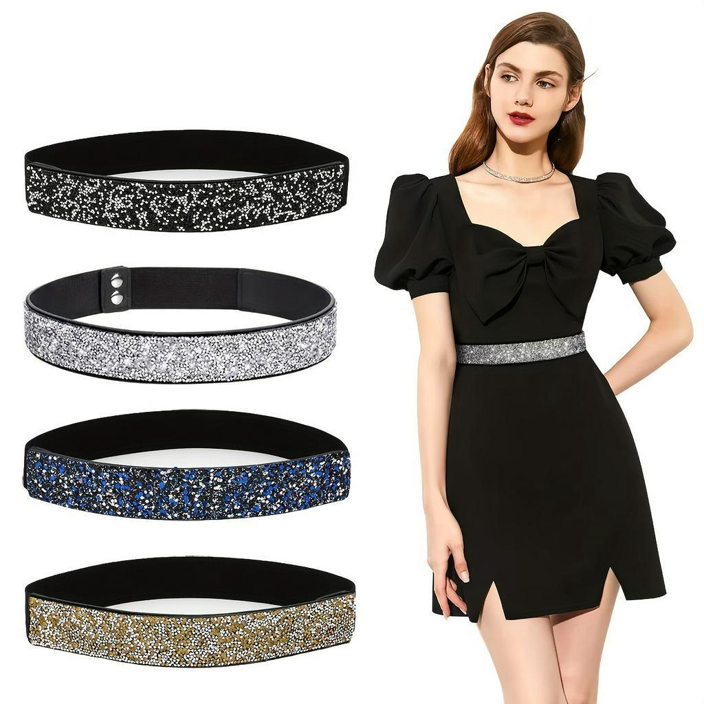 Bewudy Cintura elastica con strass, Cintura da donna elasticizzata in cristallo lucido PU Cintura elastica da donna Cintura scintillante alla moda per abito (Argento