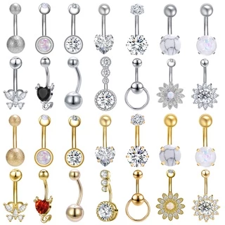 [Escolha De Valor] Anéis De Umbigo De Cristal Prateado Aço Inoxidável Ouro Anti Alergia Flor Piercings