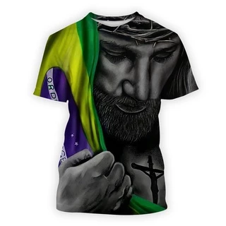 Camiseta Jesus Cristo Impresso 3D Brasil Verão Casual Manga Curta Moda Streetwear Tamanho : Xxs-5XL