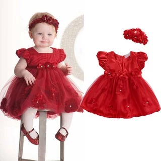Vestido De Princesa Vermelha Fofinha Com Fita De Cabeça De Flor