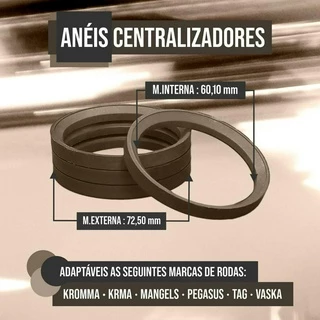 Kit 4 pçs Anéis Centralizadores Marrom /Renault. Med. ext: 72,5 int: 60,1 – Mangels/ Vaska / KRmai