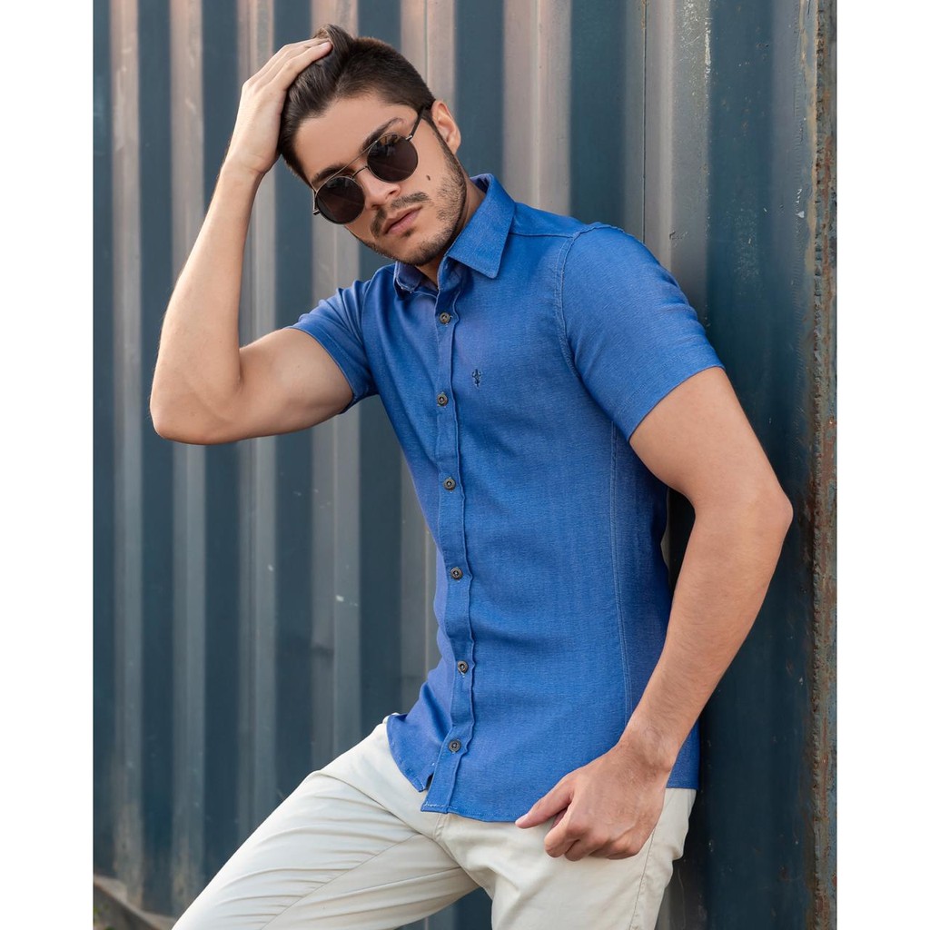 Camisa manga store curta jeans masculina