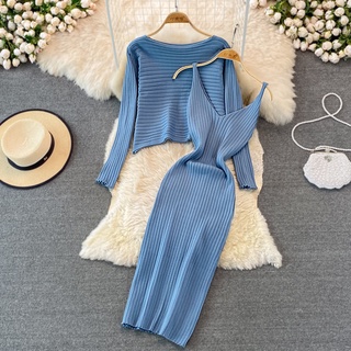 Conjunto Duas Peças Feminino Com Suspensório De Tricô Confortável + Manto Gola Redonda Moda Outono/Inverno