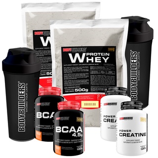 2x Whey Protein 500g, 2x BCAA 100g, 2x POWER Creatina 100g, 2x Coqueteleira - Bodybuilders