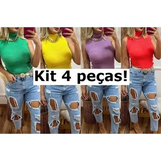 Kit 4 Blusa Tricot Canelado Garrafinha Gola Alta