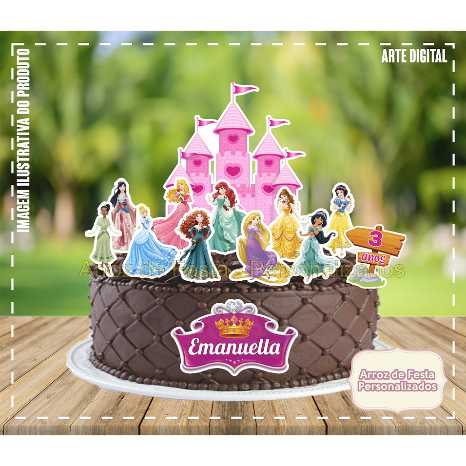 Topo de Bolo Topper de Bolo Personalizado Princesas Disney