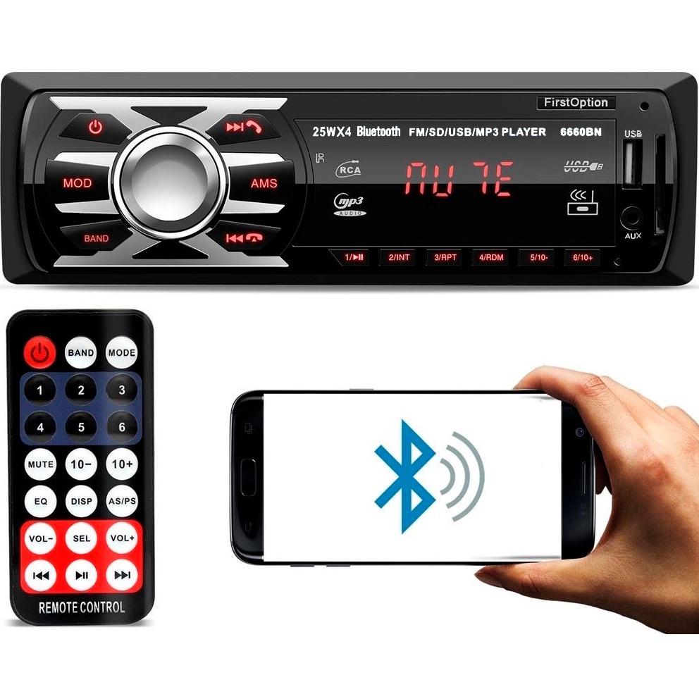 Som Automotivo MP3 Player com USB Bluetooth Leitor de Cartão SD Aux P2 RCA 1 Din Radio Fm Am