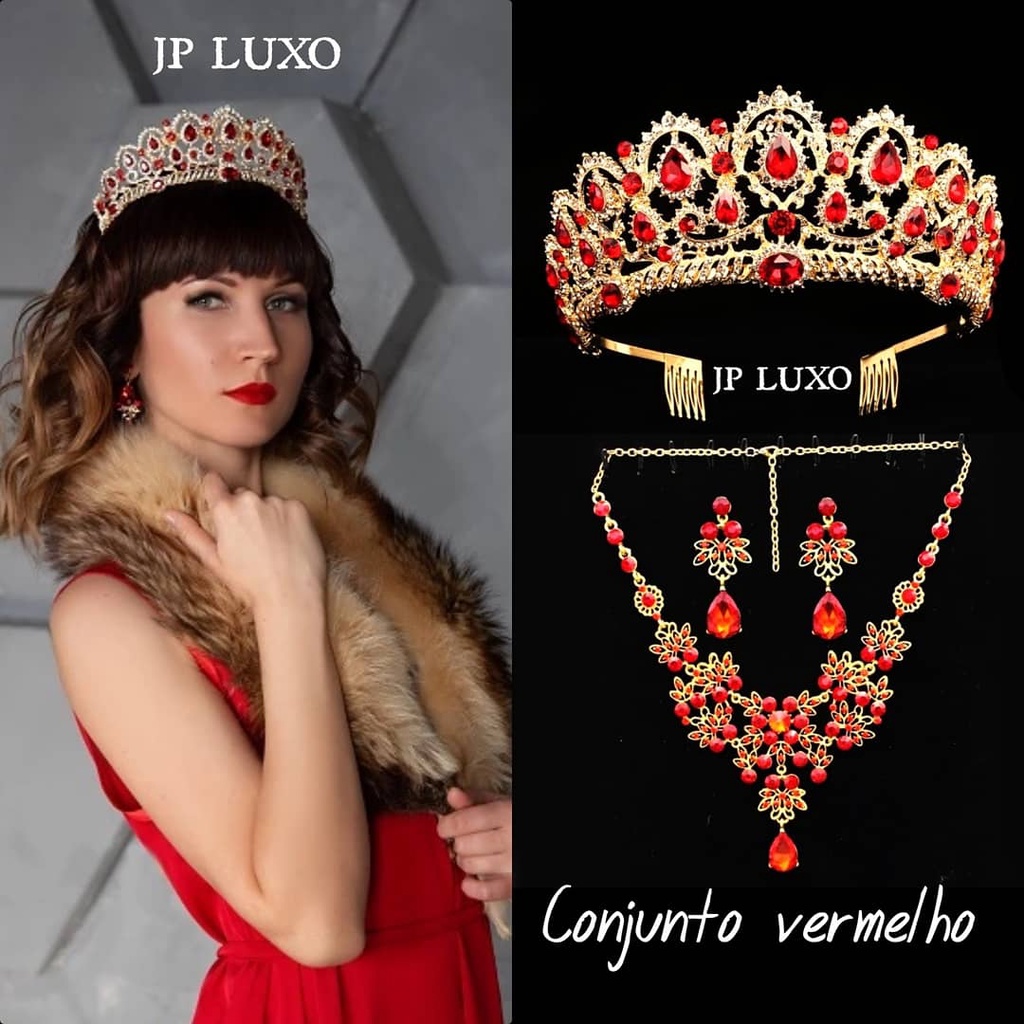 conjunto vermelho coroa tiara vermelha dourada dourado 15 anos miss