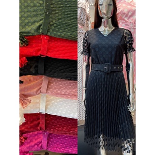 vestido plissado de tule com cinto fivela moda feminina cod 056