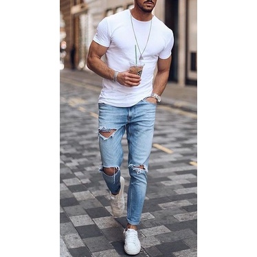 Calça Jeans Rasgado Estilo Hip Hop Moda Streetwear Fashion Bolso Masculino