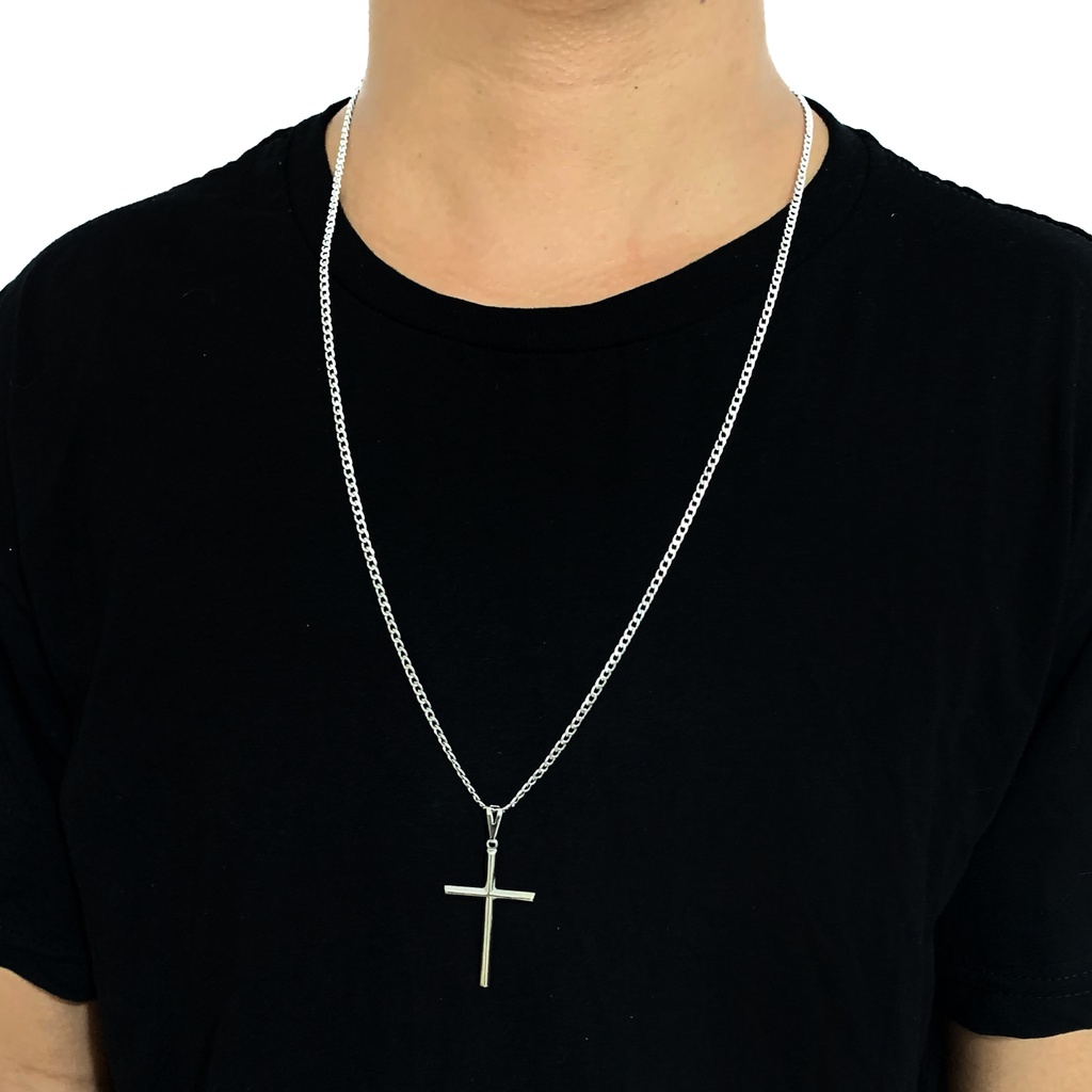 Colar corrente Cordão Masculino Grumet 3mm Aço Inox Prata 70cm + Pingente Cruz