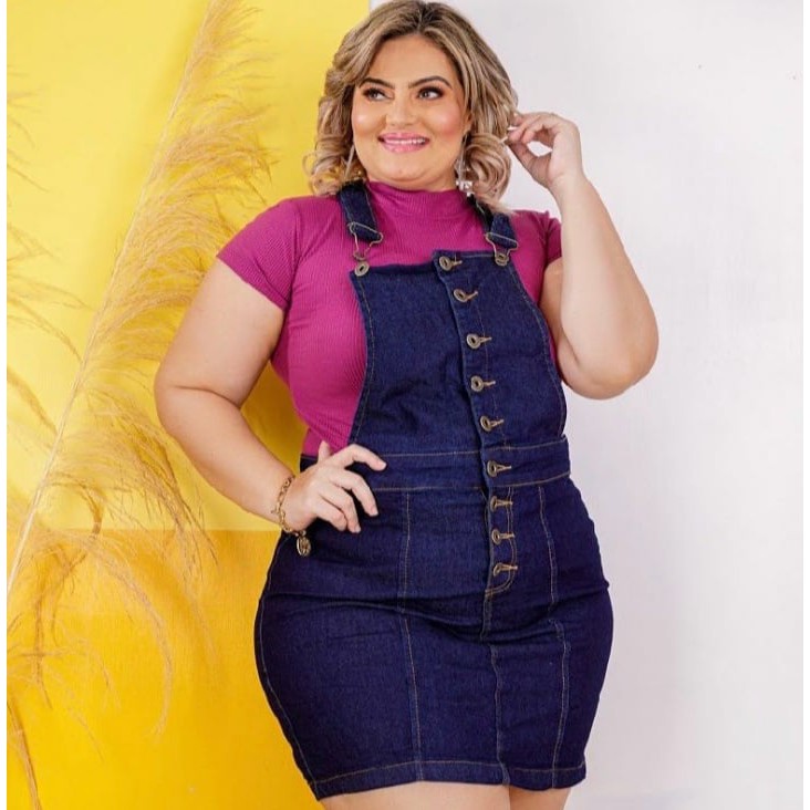 Jardineira jeans hot sale saia plus size