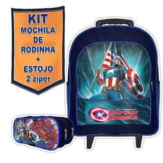 Kit mochila escolar de rodinhas infantil menino grande Estojo duplo Capitão America AZM/AZR 2zp